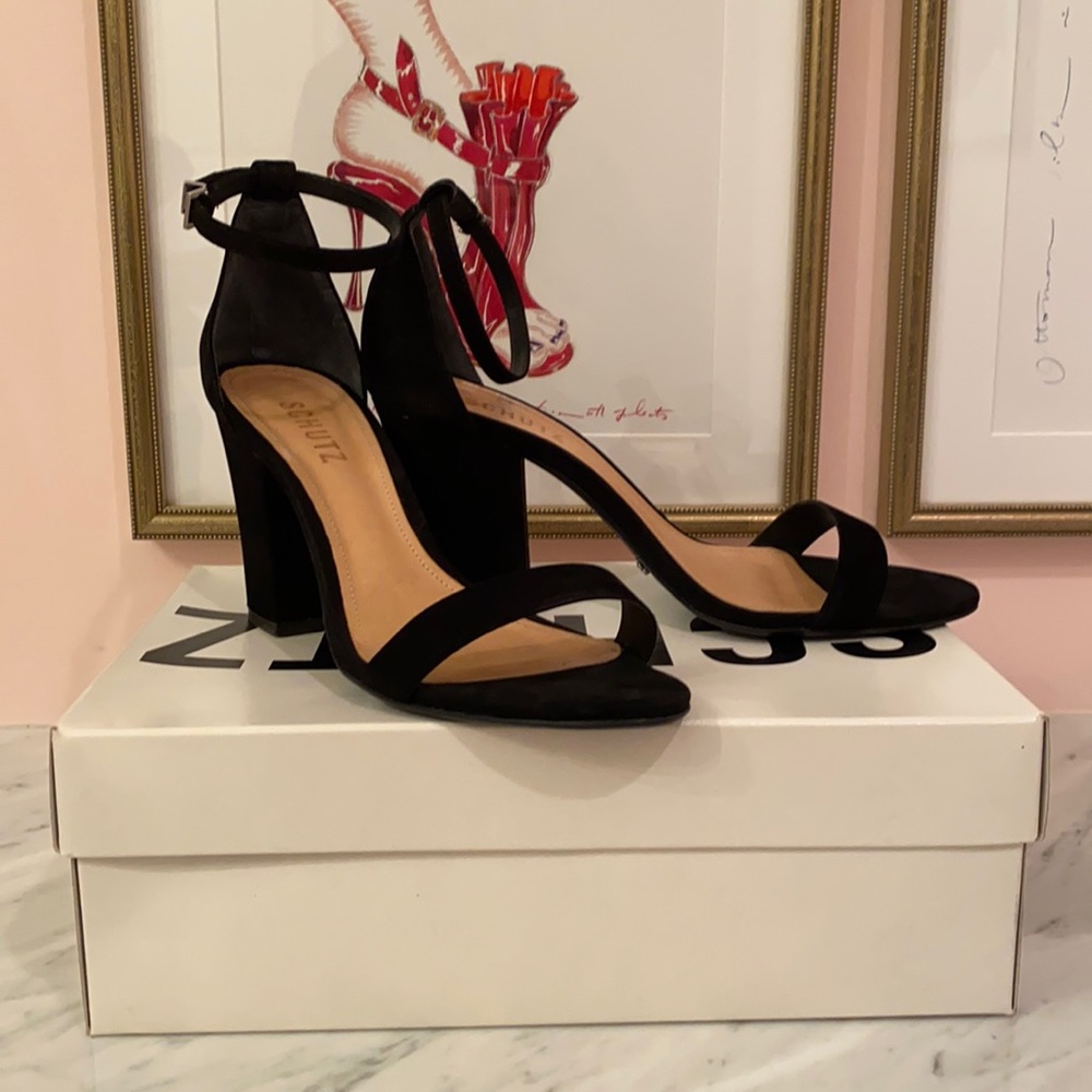 Schutz black suede block heel.
